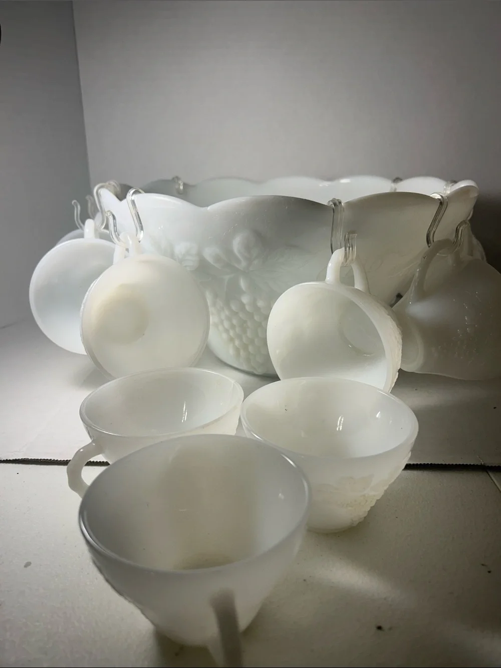 White Milk Glass Punch Bowl Set with Cups set of 12